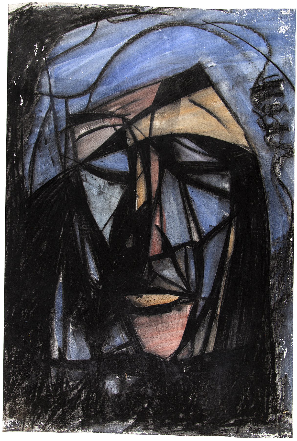 Abstract drawing of a figure's face in black, blue and peach